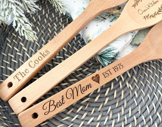 Personalized Wooden Kitchen Utensils, Custom Engraved Cooking Spoon, Spork & Spatula Set