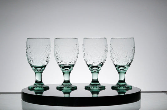Vintage Textured Green Glass Set of 4, Whiskey Tumbler Glasses, Cocktail Glass, Scotch Glass, Lowball Glass Barware, Retro Barware