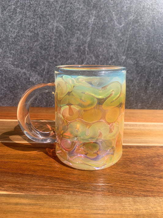 Handblown Iridescent Glass Coffee Mug, Color Enhancing Design