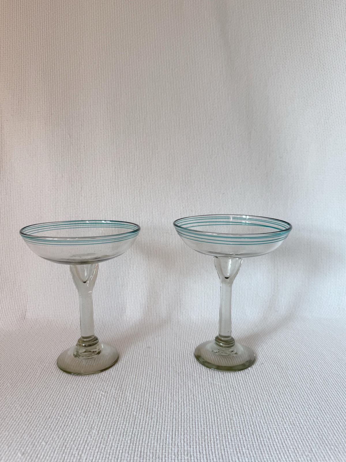 Vintage Hand Blown Margarita Glasses with Aqua Rim, Set of 2, Bubble Glass Coupe Style