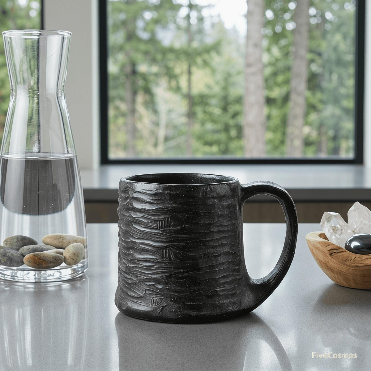 Hand Carved Moraine Rock Coffee Mug, Natural Stone Water Ripple Cup