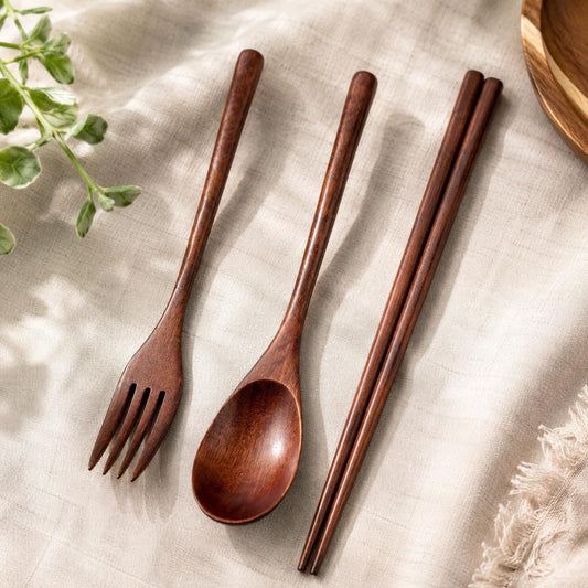 Japanese Wooden Cutlery Set, Spoon Fork Chopsticks Travel Utensils, Eco Friendly Sushi Tableware Gift Set