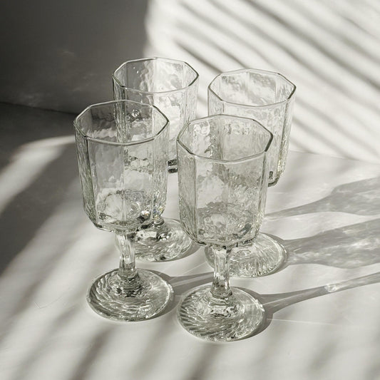 Vintage Libbey Facets Stemmed Wine Glass Goblets - Set of Four (4)