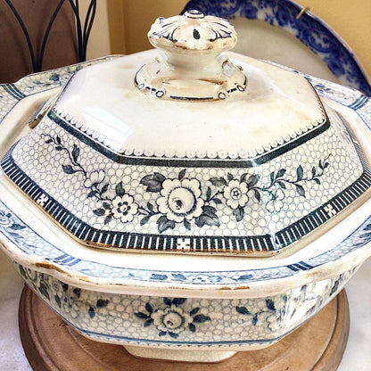 Antique Blue & White Covered Tureen English Burleigh Ware