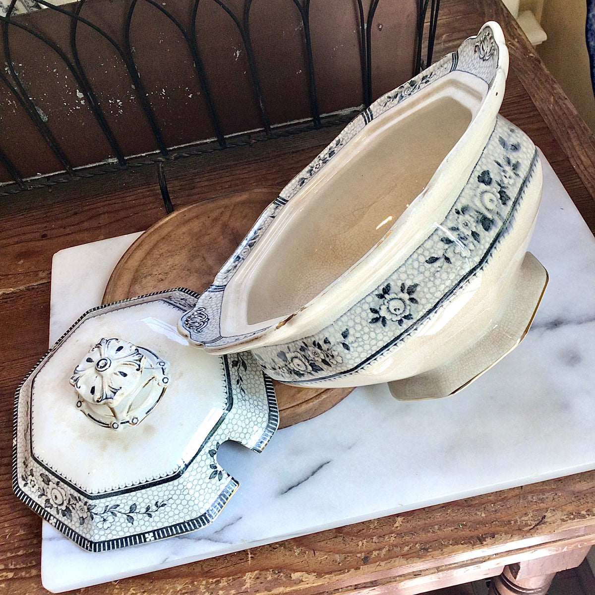 Antique Blue & White Covered Tureen English Burleigh Ware