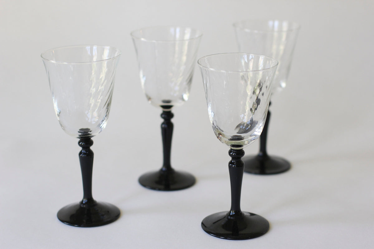 Vintage French Black Stem Swirly Wine Glass Set of 4