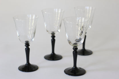 Vintage French Black Stem Swirly Wine Glass Set of 4