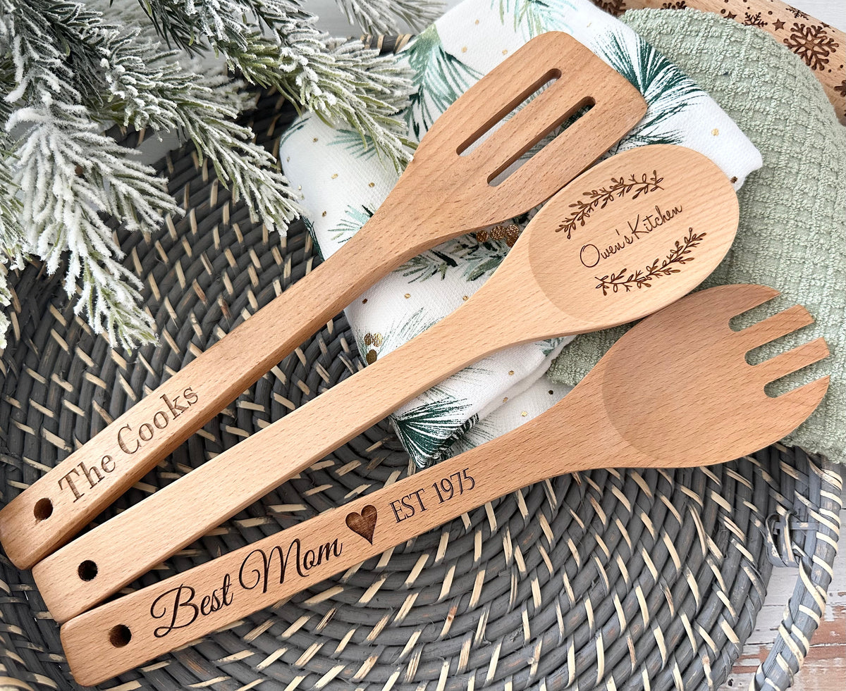 Personalized Wooden Kitchen Utensils, Custom Engraved Cooking Spoon, Spork & Spatula Set