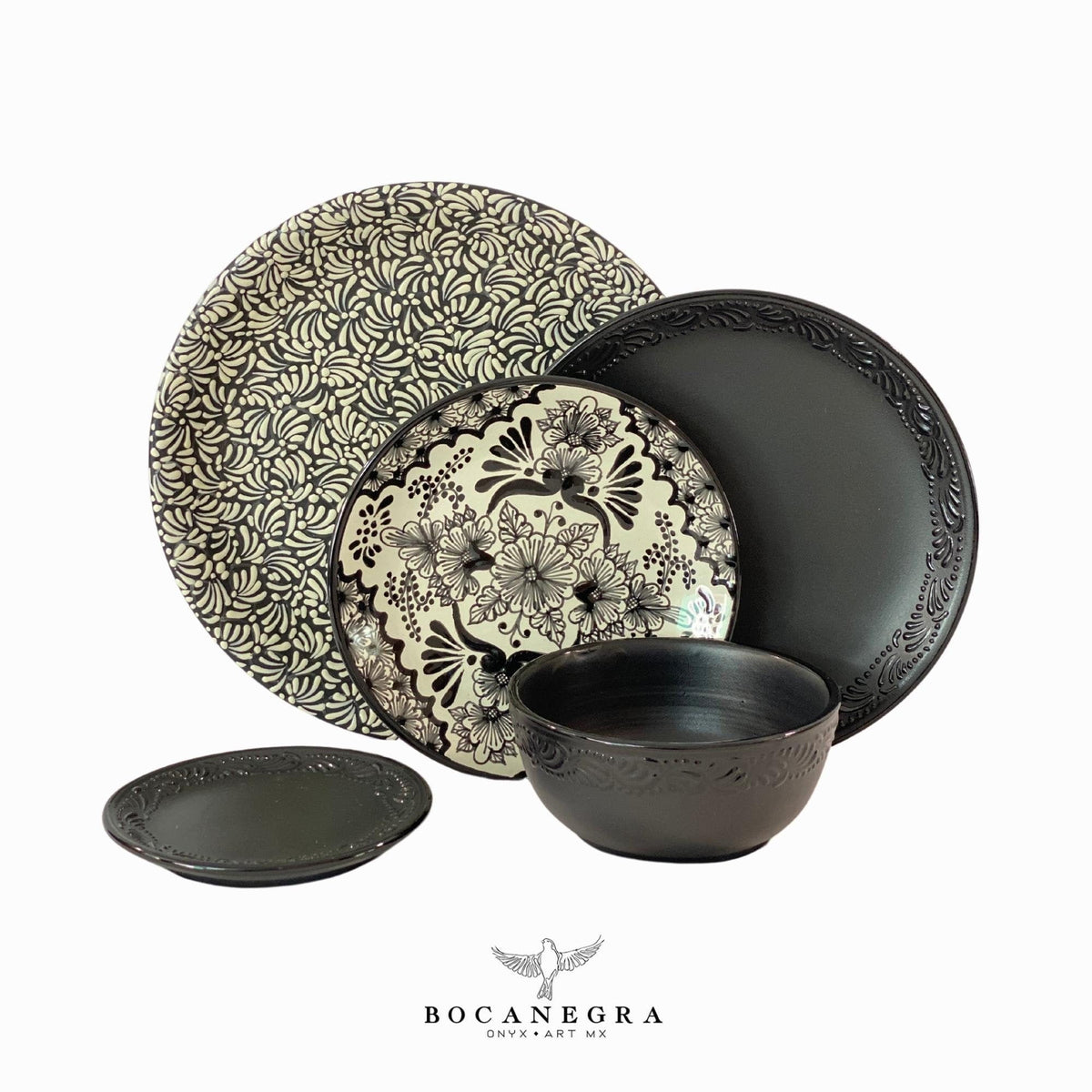 Talavera Dinnerware Personal Set, Black Tableware Set, 5 Pieces