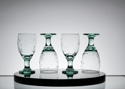 Vintage Textured Green Glass Set of 4, Whiskey Tumbler Glasses, Cocktail Glass, Scotch Glass, Lowball Glass Barware, Retro Barware