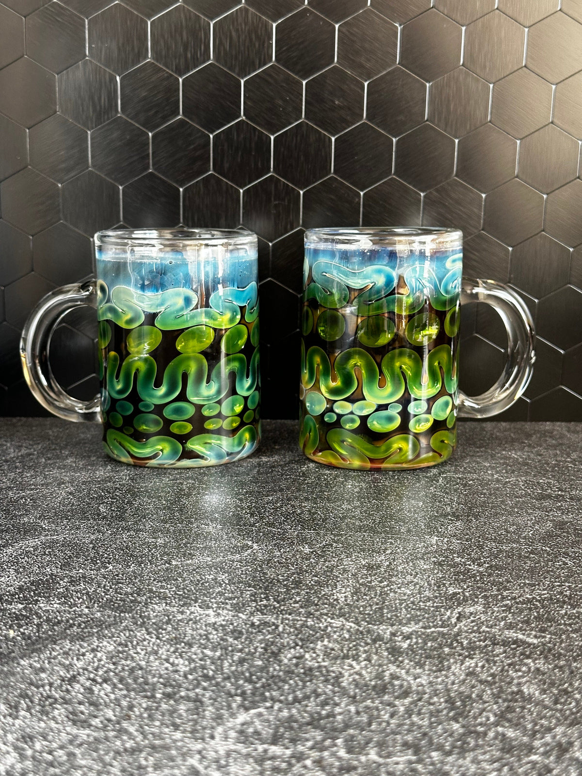 Handblown Iridescent Glass Coffee Mug, Color Enhancing Design