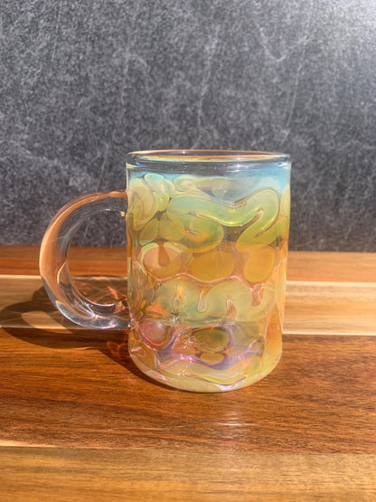 Handblown Iridescent Glass Coffee Mug, Color Enhancing Design