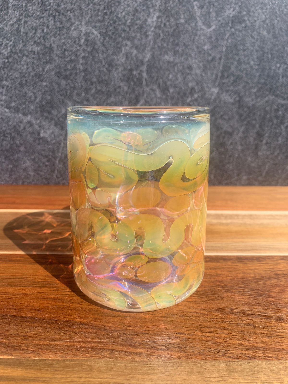 Handblown Iridescent Glass Coffee Mug, Color Enhancing Design