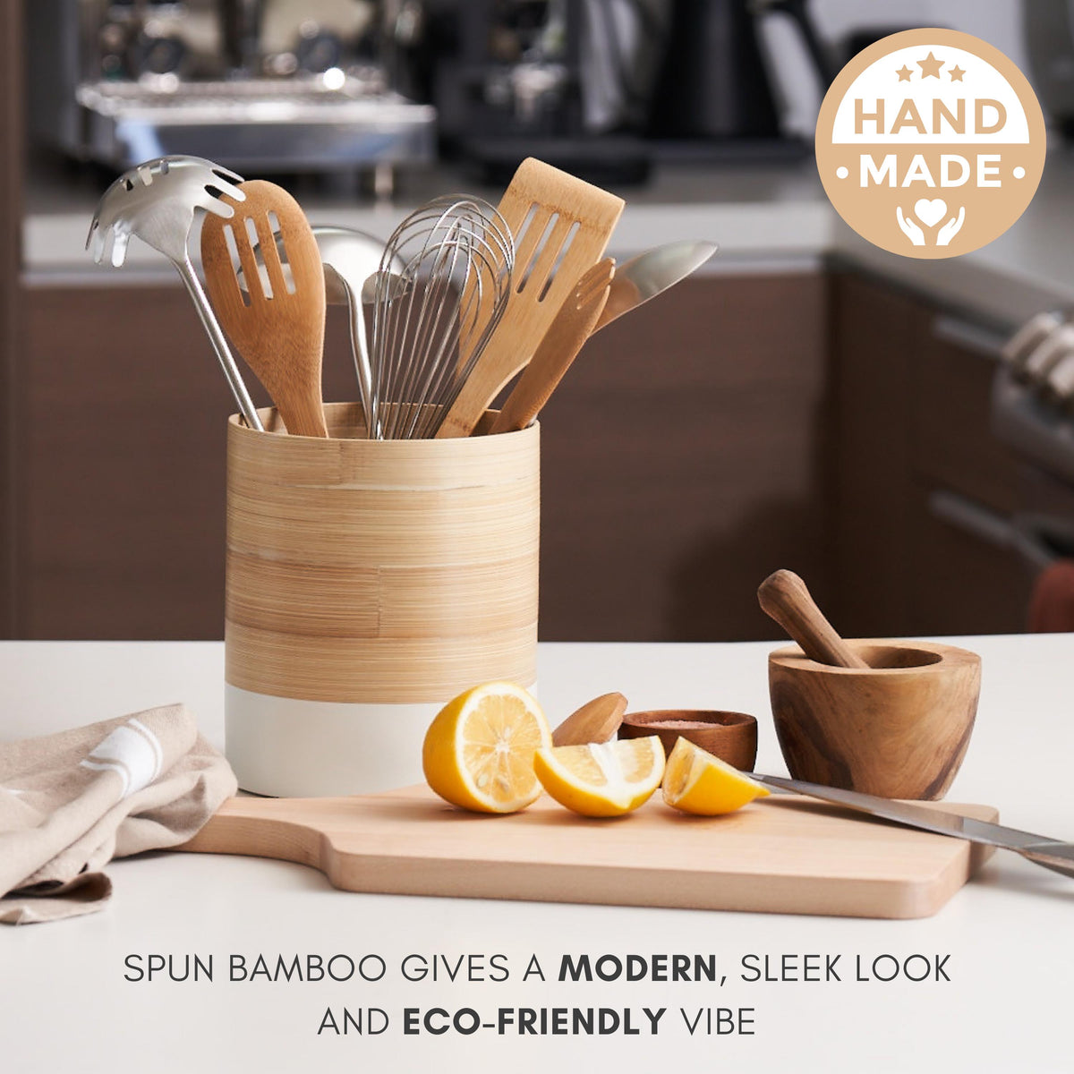 Spun Bamboo Kitchen Utensil Holder: Modern Countertop Organizer
