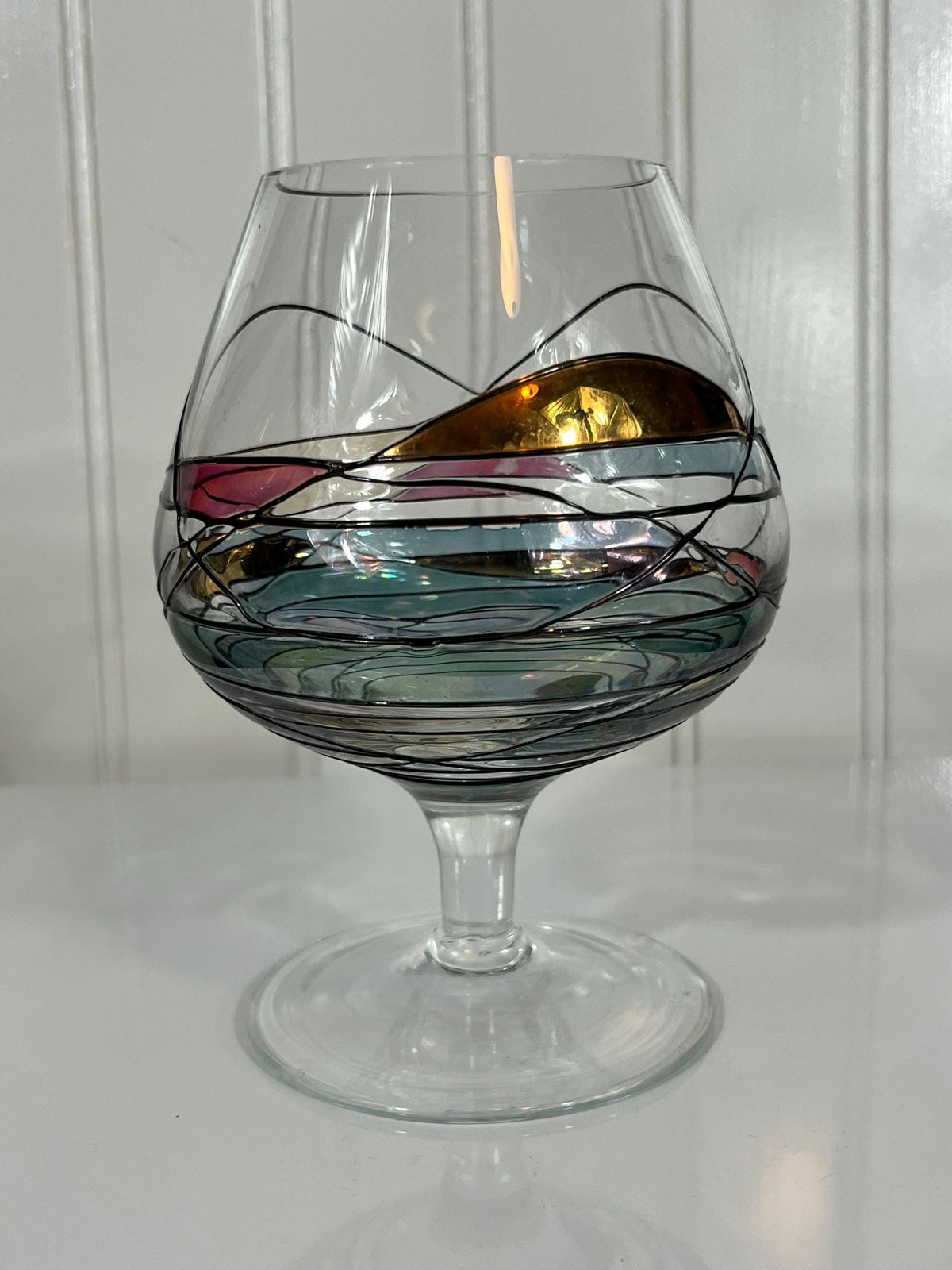K&K Styling Brandy Snifters – Pair of West German Art Glass – Swirl and Ribbon Design – Mid-Century Modern Barware