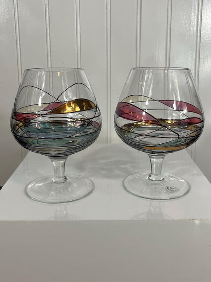 K&K Styling Brandy Snifters – Pair of West German Art Glass – Swirl and Ribbon Design – Mid-Century Modern Barware