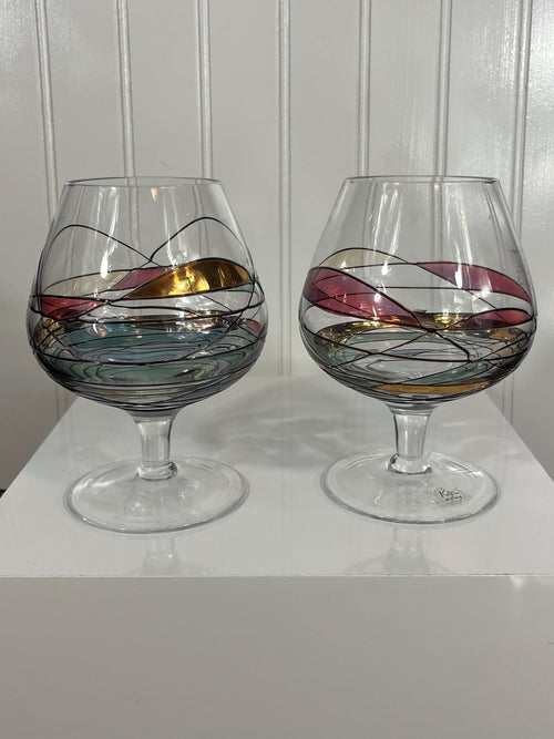 K&K Styling Brandy Snifters – Pair of West German Art Glass – Swirl and Ribbon Design – Mid-Century Modern Barware