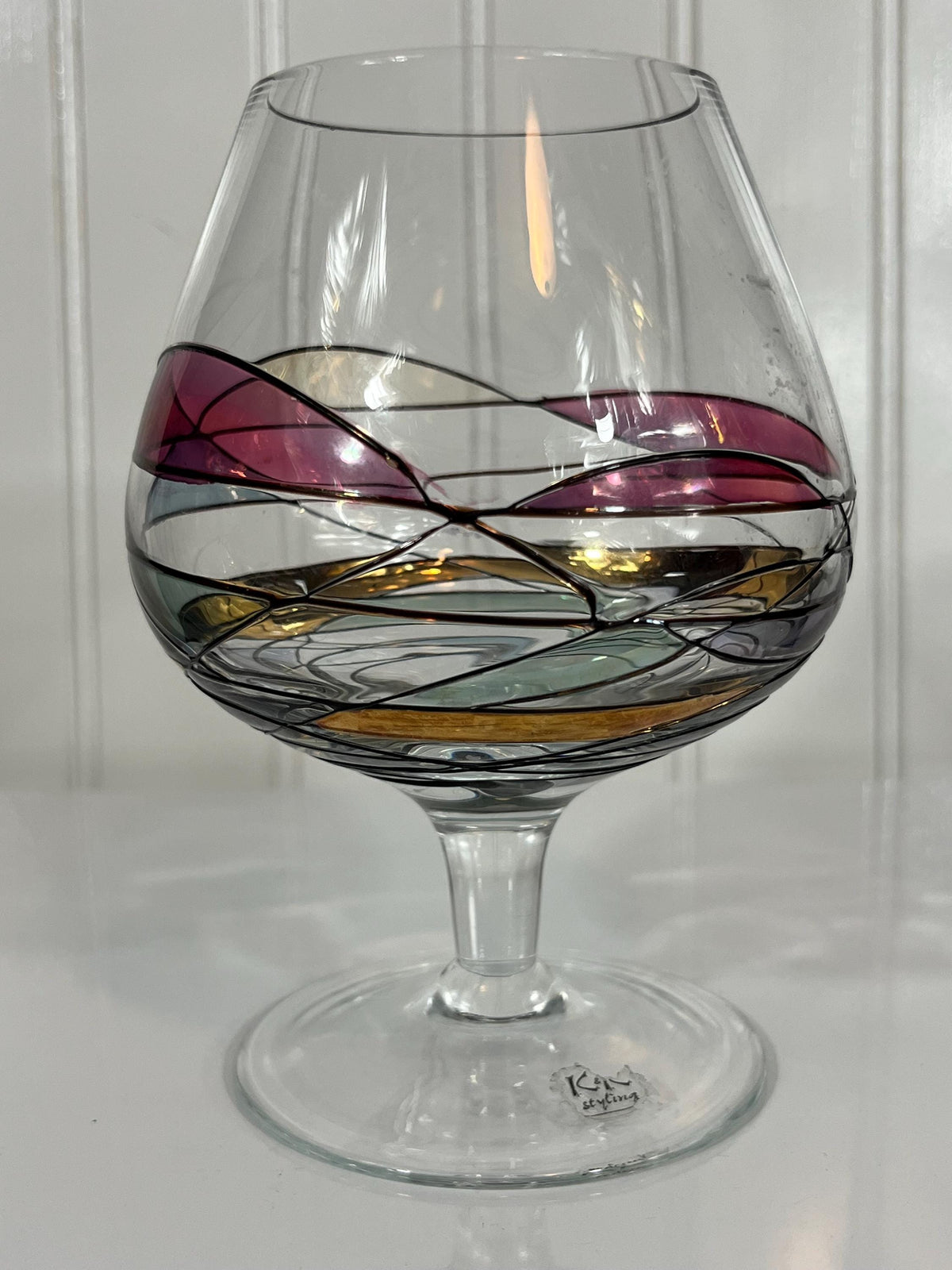 K&K Styling Brandy Snifters – Pair of West German Art Glass – Swirl and Ribbon Design – Mid-Century Modern Barware