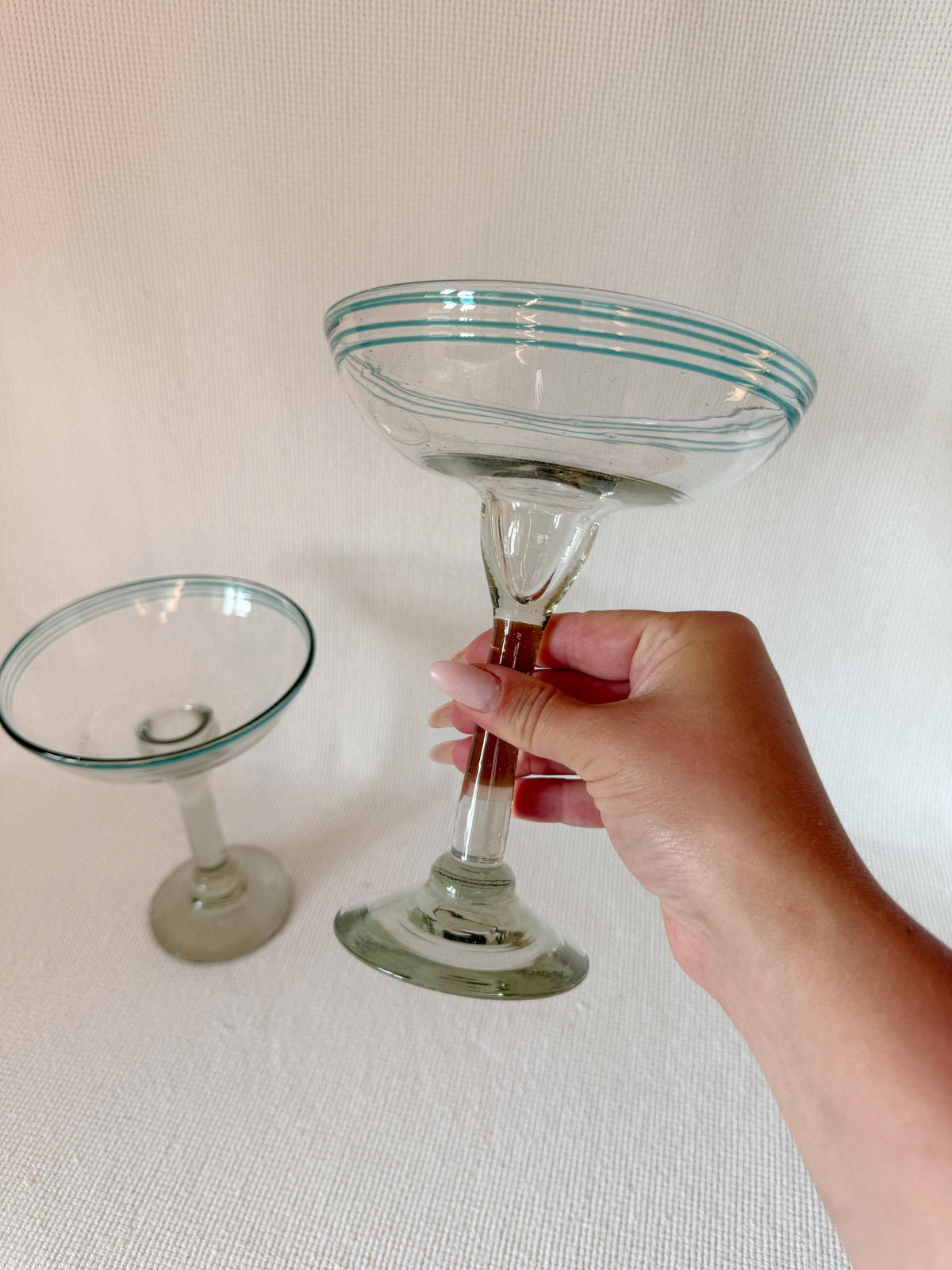 Vintage Hand Blown Margarita Glasses with Aqua Rim, Set of 2, Bubble Glass Coupe Style