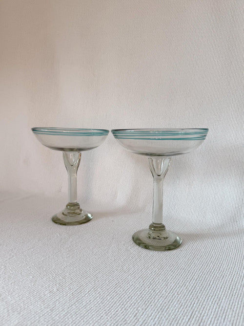 Vintage Hand Blown Margarita Glasses with Aqua Rim, Set of 2, Bubble Glass Coupe Style