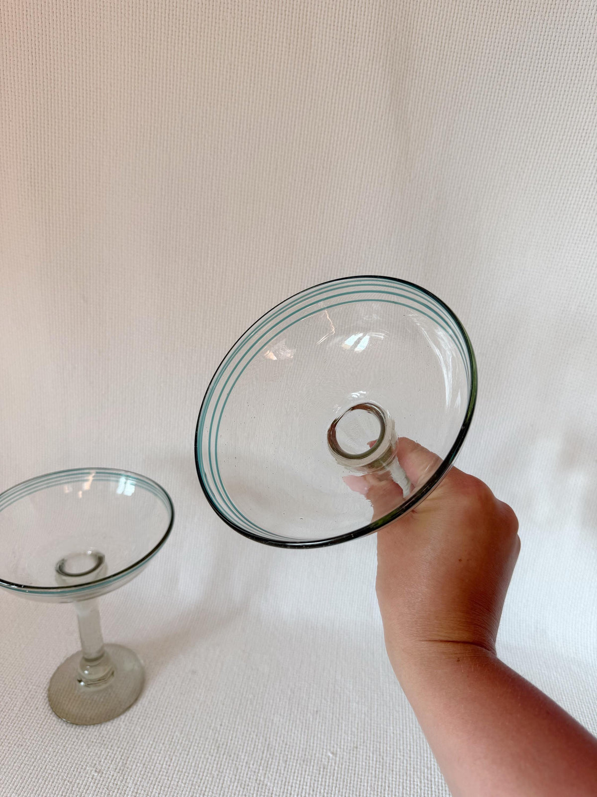 Vintage Hand Blown Margarita Glasses with Aqua Rim, Set of 2, Bubble Glass Coupe Style