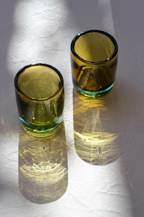 Amber & Aqua Recycled Glass Mini Tumbler – Hand Blown Drinking Glass, Sold Individually