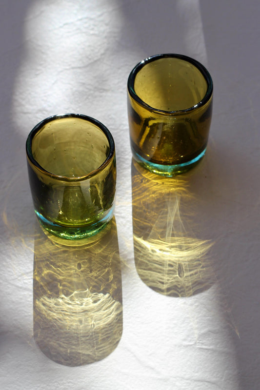 Amber & Aqua Recycled Glass Mini Tumbler – Hand Blown Drinking Glass, Sold Individually