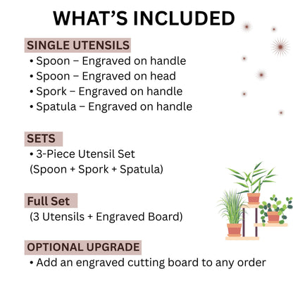 Personalized Wooden Kitchen Utensils, Custom Engraved Cooking Spoon, Spork & Spatula Set