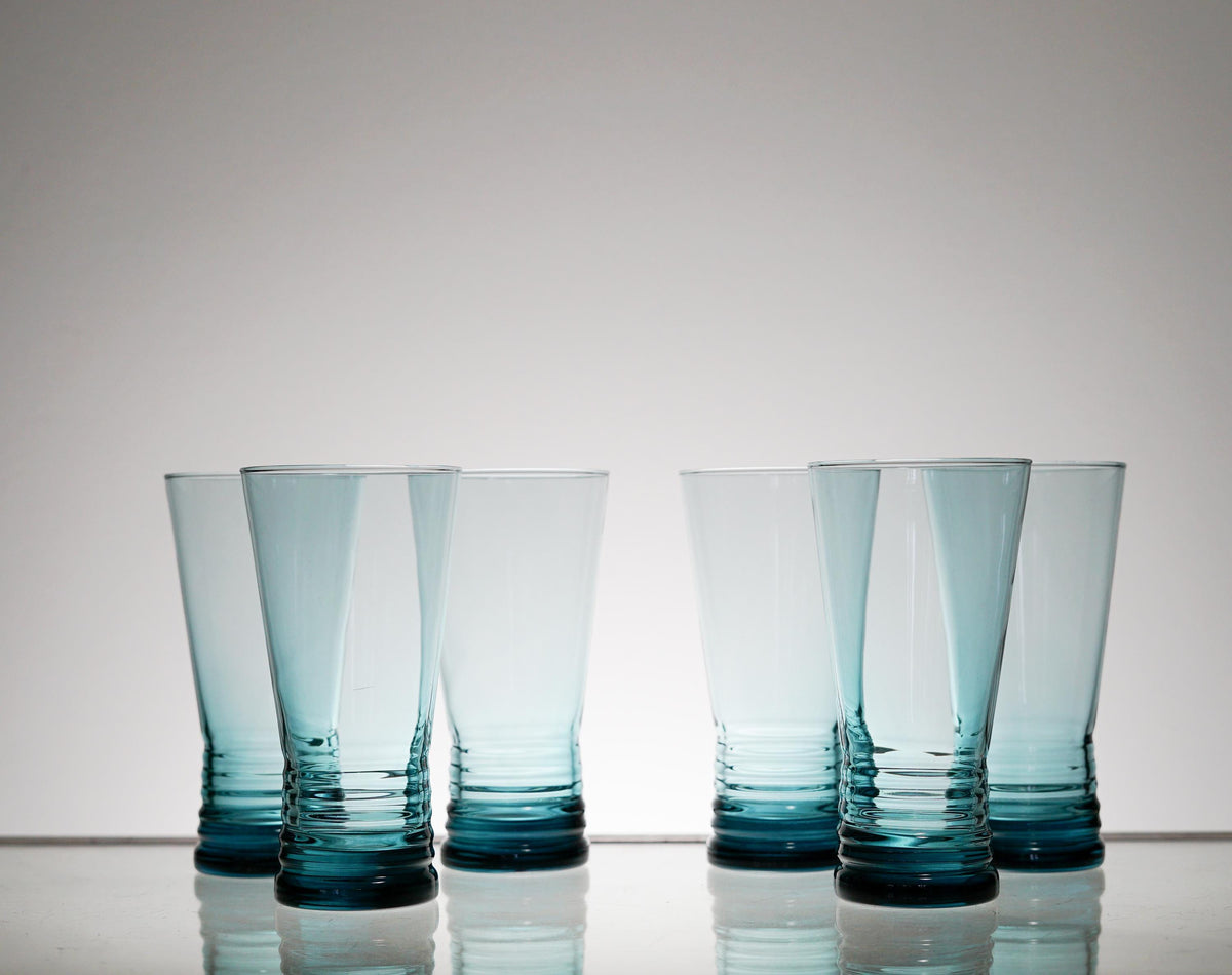 Vintage Highball Blue Glass Set of 5 or 6, Whiskey Tumbler Glasses, Cocktail Glass, Scotch Glass Set, Lowball, Retro Barware