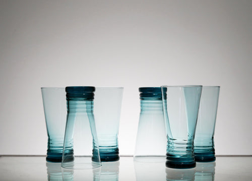 Vintage Highball Blue Glass Set of 5 or 6, Whiskey Tumbler Glasses, Cocktail Glass, Scotch Glass Set, Lowball, Retro Barware
