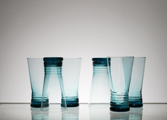 Vintage Highball Blue Glass Set of 5 or 6, Whiskey Tumbler Glasses, Cocktail Glass, Scotch Glass Set, Lowball, Retro Barware
