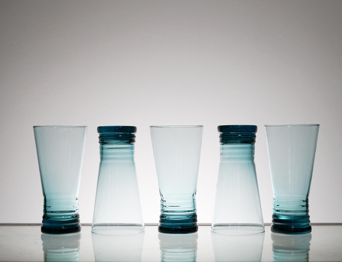 Vintage Highball Blue Glass Set of 5 or 6, Whiskey Tumbler Glasses, Cocktail Glass, Scotch Glass Set, Lowball, Retro Barware