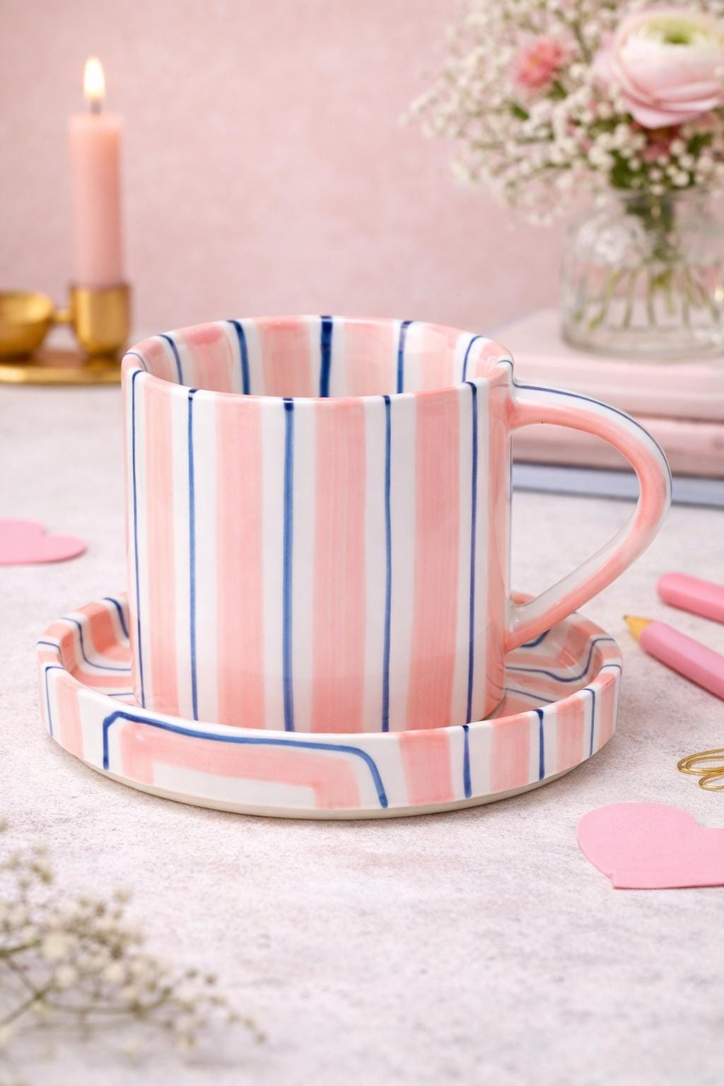 Blue and White Striped Mug Saucer Set, Ceramic Coffee Cup with Matching Plate, Coastal Aesthetic Tea Cup, Striped Pattern Drinkware Gift 180