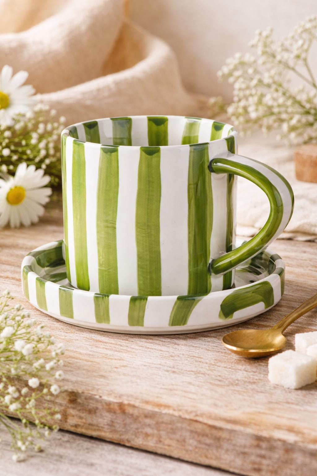 Blue and White Striped Mug Saucer Set, Ceramic Coffee Cup with Matching Plate, Coastal Aesthetic Tea Cup, Striped Pattern Drinkware Gift 180