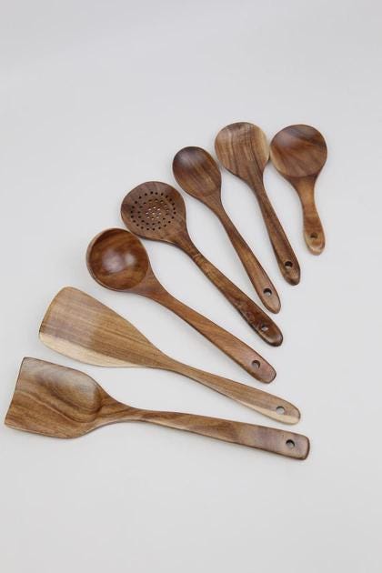 Acacia Wood Kitchen Utensil Set of 7, Wooden Spoons for Cooking, Non-Stick Spatula Set