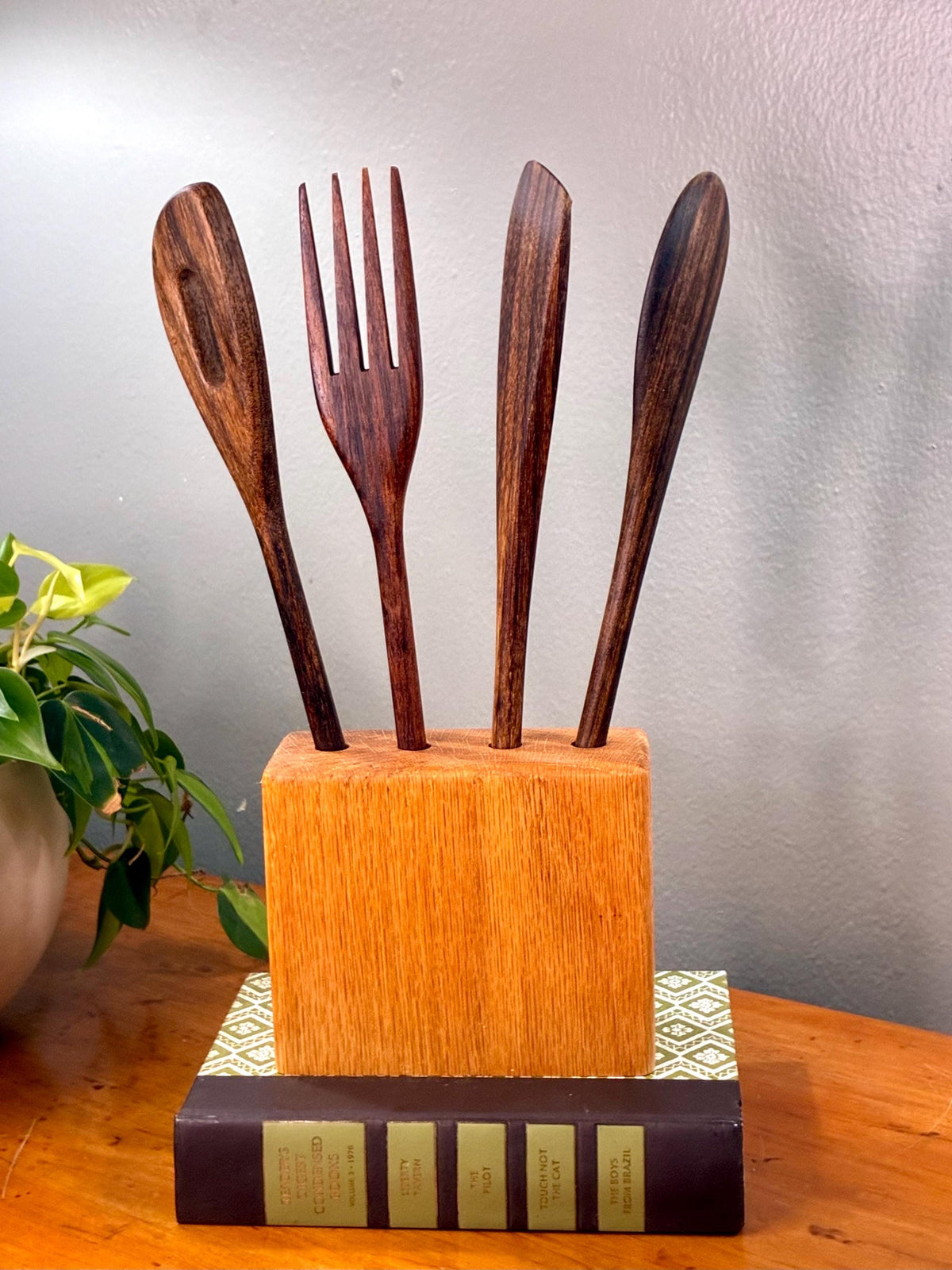 Vintage Teak Wood Utensil Set with Holder