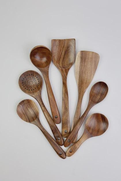 Acacia Wood Kitchen Utensil Set of 7, Wooden Spoons for Cooking, Non-Stick Spatula Set
