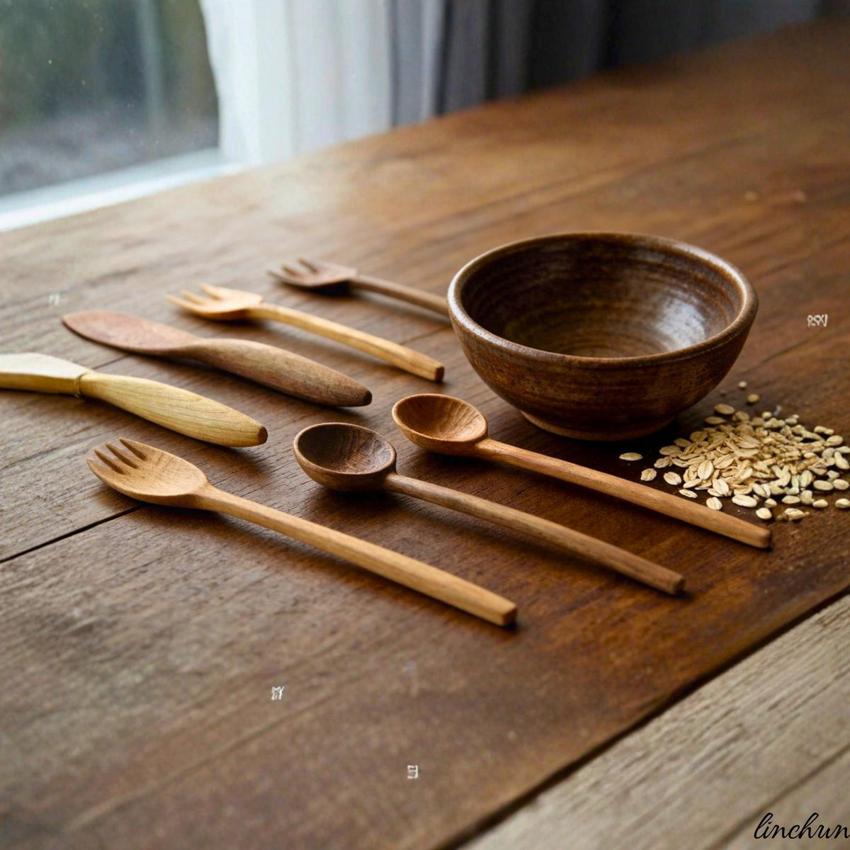 Walnut Serving Set, Hand-Carved Wooden Spoon and Fork, Minimalist Tableware