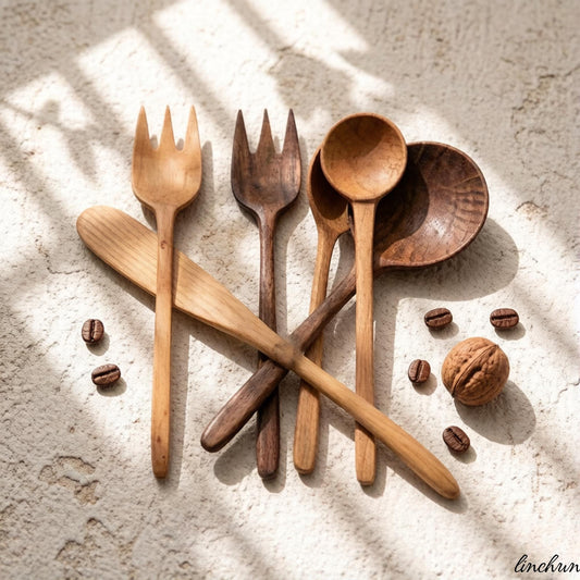 Walnut Serving Set, Hand-Carved Wooden Spoon and Fork, Minimalist Tableware
