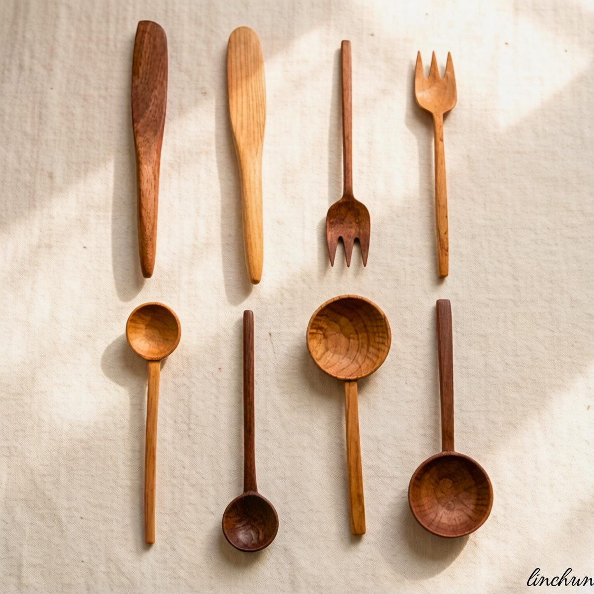 Walnut Serving Set, Hand-Carved Wooden Spoon and Fork, Minimalist Tableware