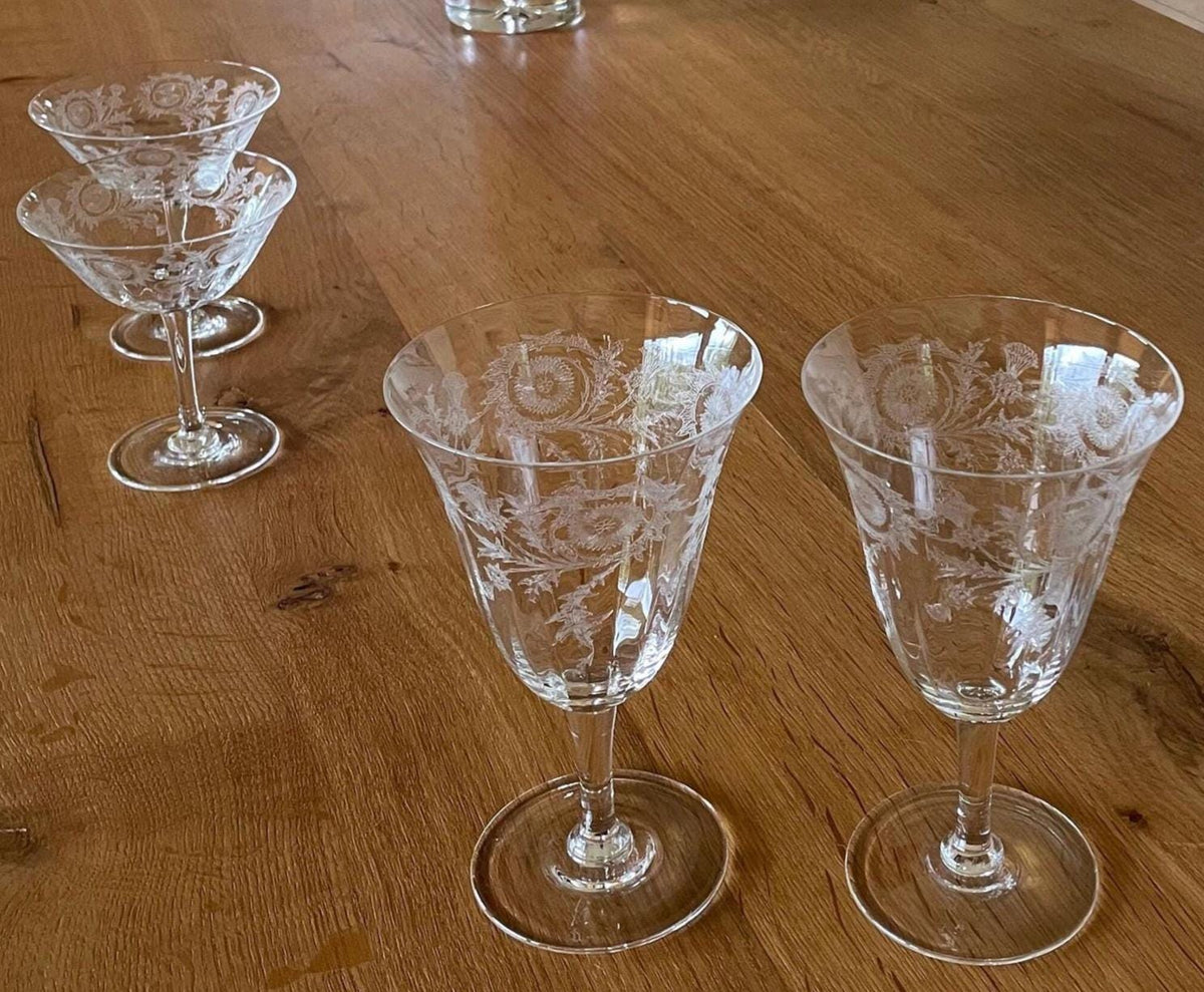 Vintage Etched Floral Barware (Set of 2) Wine, Highball, Cocktail, Coupe, or Cordial