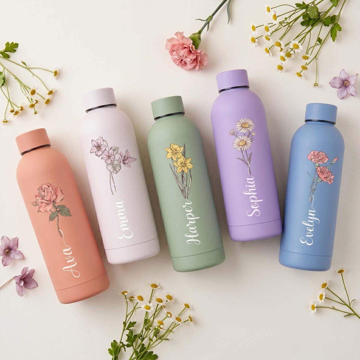 Personalized Birth Flower Water Bottle with Custom Name, Engraved Stainless Steel Tumbler