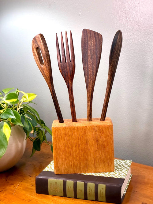 Vintage Teak Wood Utensil Set with Holder