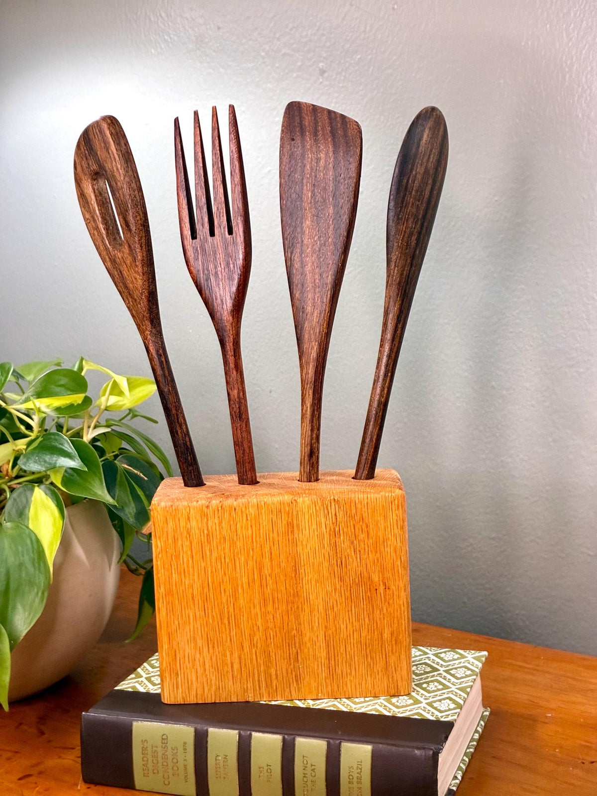 Vintage Teak Wood Utensil Set with Holder