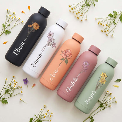 Personalized Birth Flower Water Bottle with Custom Name, Engraved Stainless Steel Tumbler