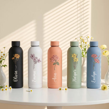 Personalized Birth Flower Water Bottle with Custom Name, Engraved Stainless Steel Tumbler