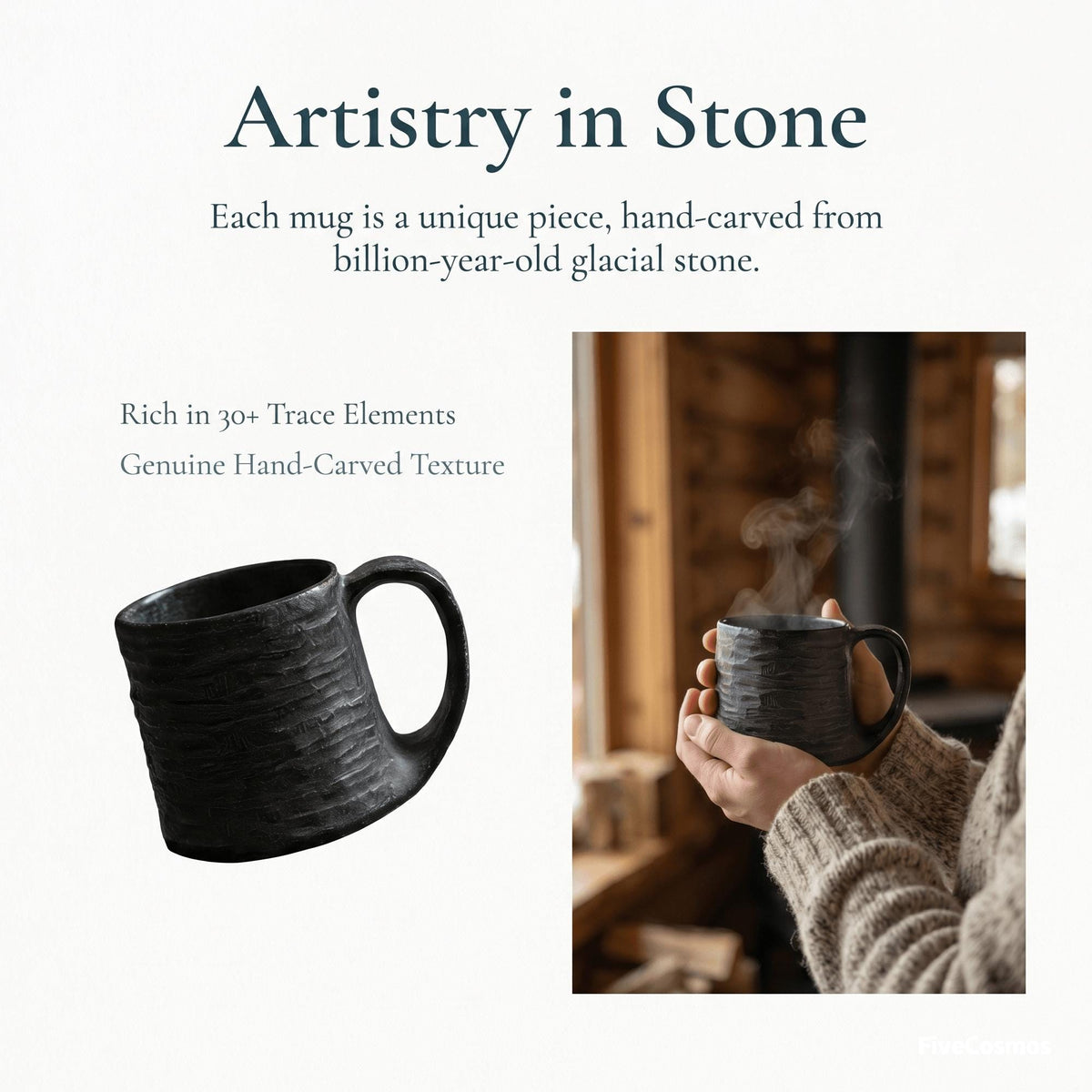 Hand Carved Moraine Rock Coffee Mug, Natural Stone Water Ripple Cup
