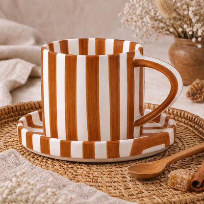 Blue and White Striped Mug Saucer Set, Ceramic Coffee Cup with Matching Plate, Coastal Aesthetic Tea Cup, Striped Pattern Drinkware Gift 180