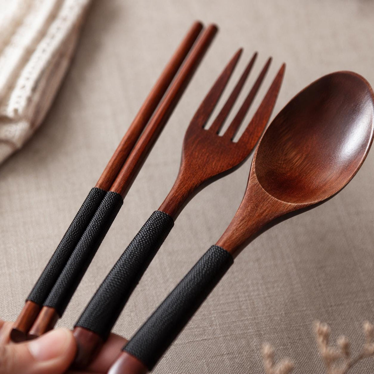 Japanese Wooden Cutlery Set, Spoon Fork Chopsticks Travel Utensils, Eco Friendly Sushi Tableware Gift Set