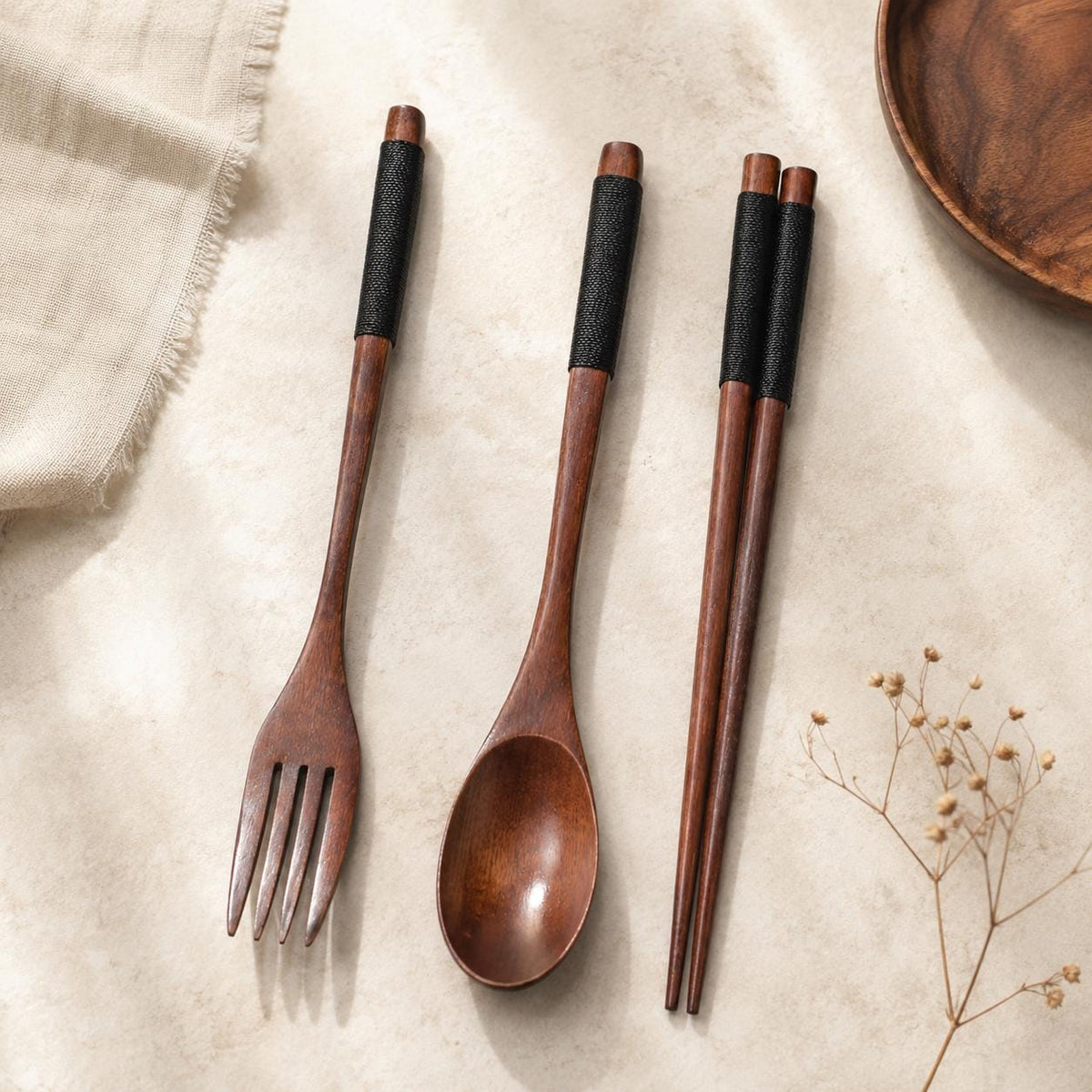 Japanese Wooden Cutlery Set, Spoon Fork Chopsticks Travel Utensils, Eco Friendly Sushi Tableware Gift Set